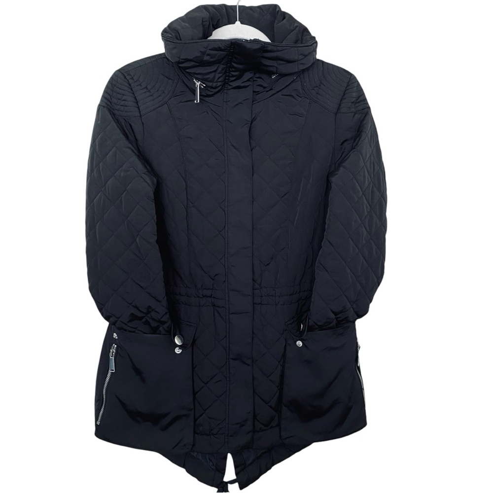 Saks Fifth Avenue Classic Black Quilted Hideaway Hood Cinched Waist Jacket Small